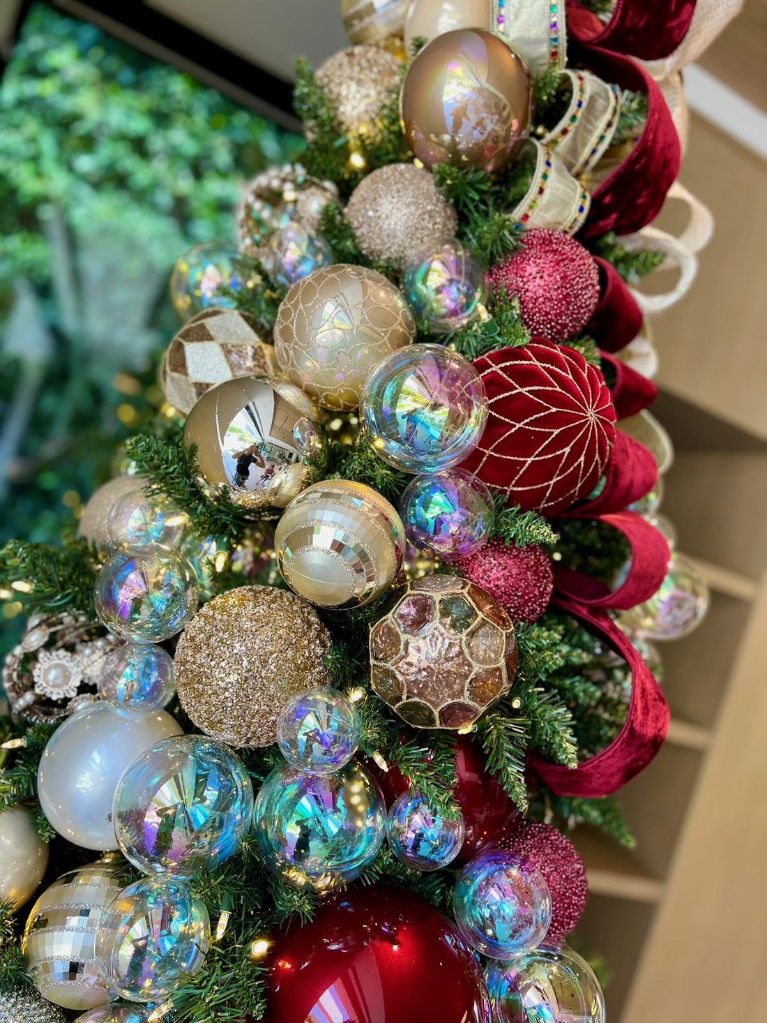 Red and gold ornaments with ribbon