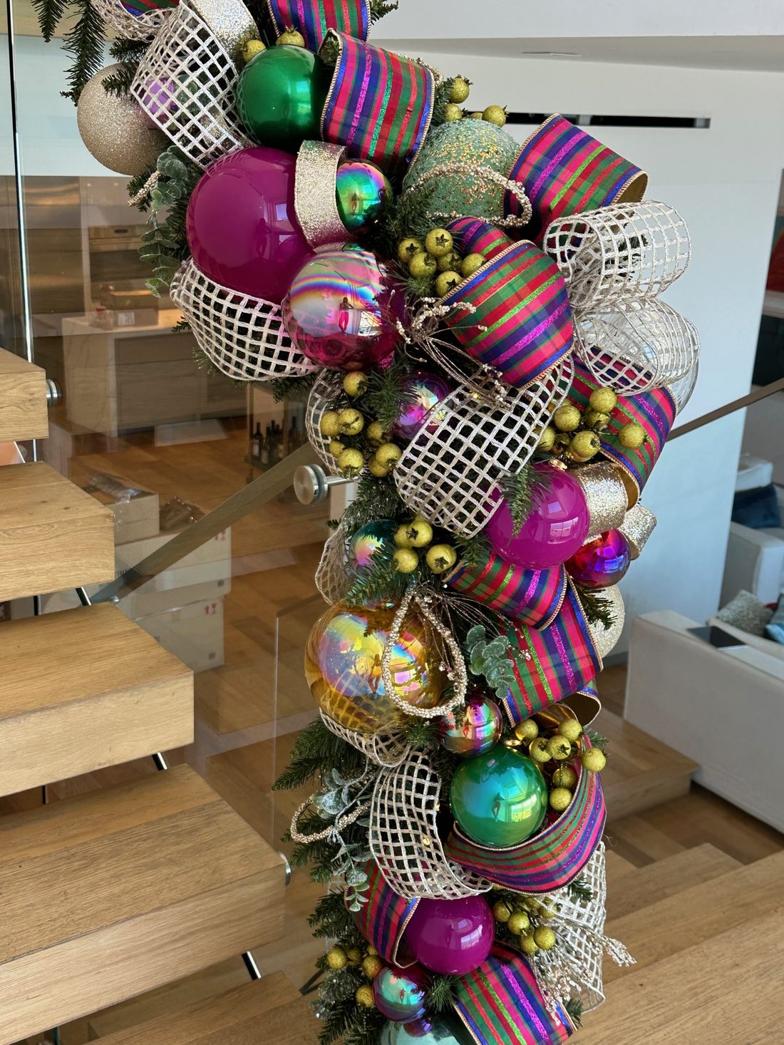Plaid ribbon with pink and green ornaments
