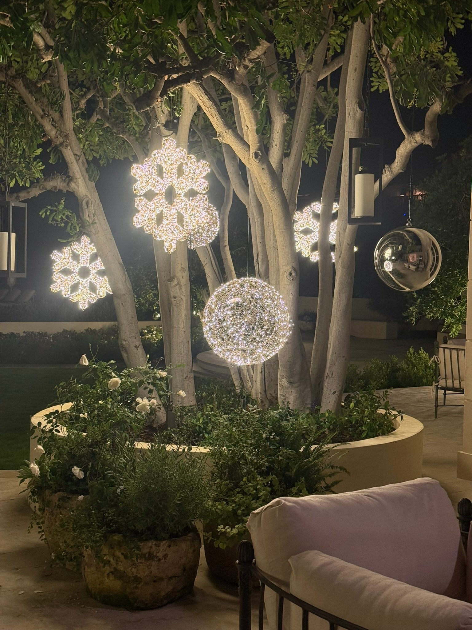 Snowflake lights hung in the trees of a garden at night