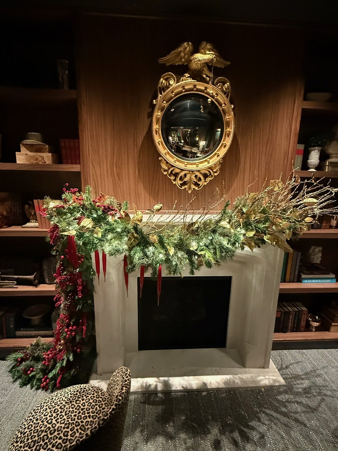 Garland and ornaments styled around a mirror